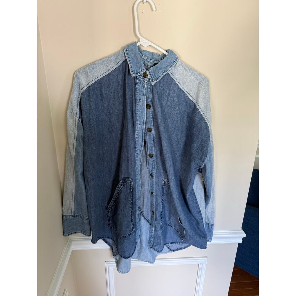 Free People | Bohemian Western Denim Colorblock Patchwork Style Star Button Up - Picture 4 of 13